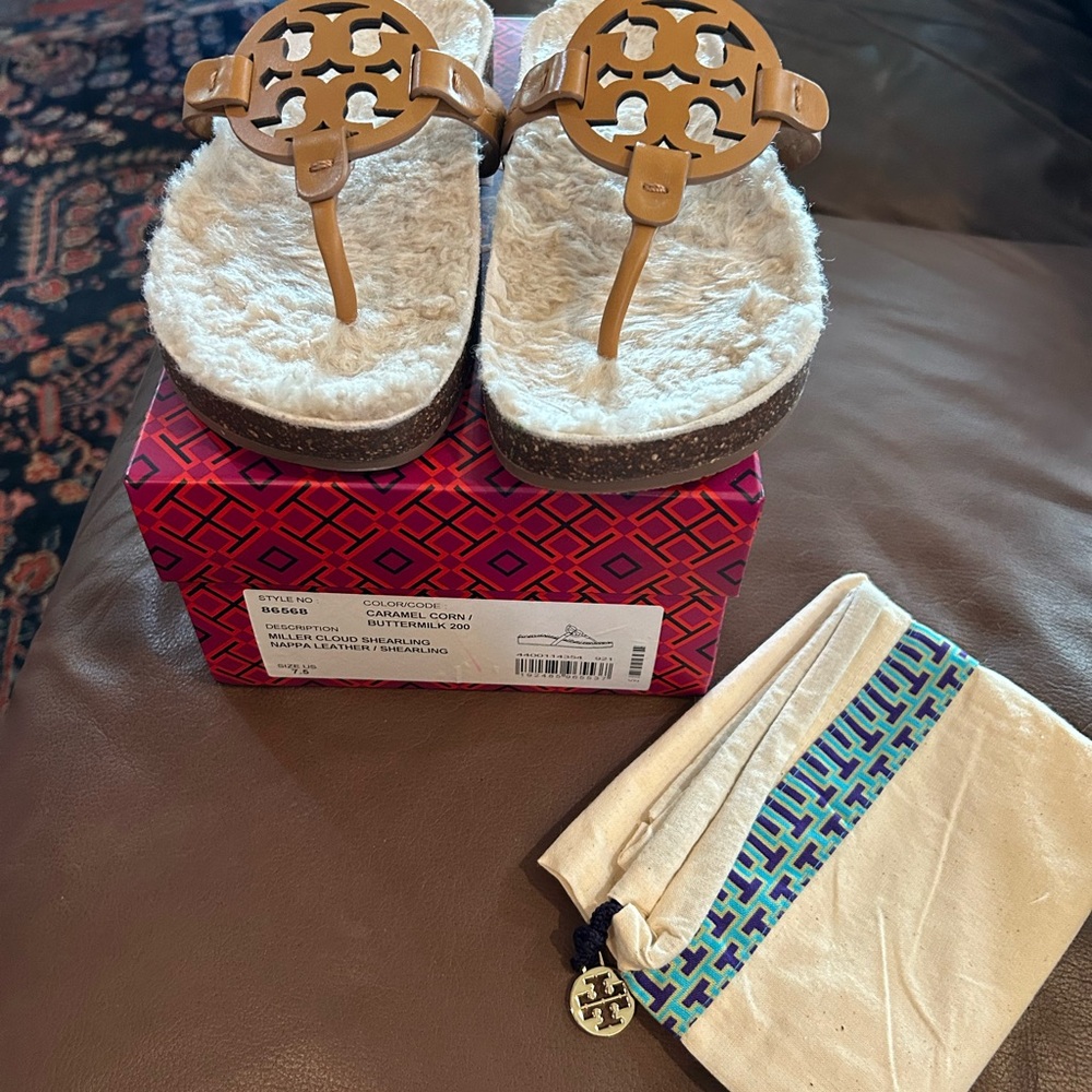 Tory Burch Tan Leather Logo Thong Sandals with Shearling Footbed